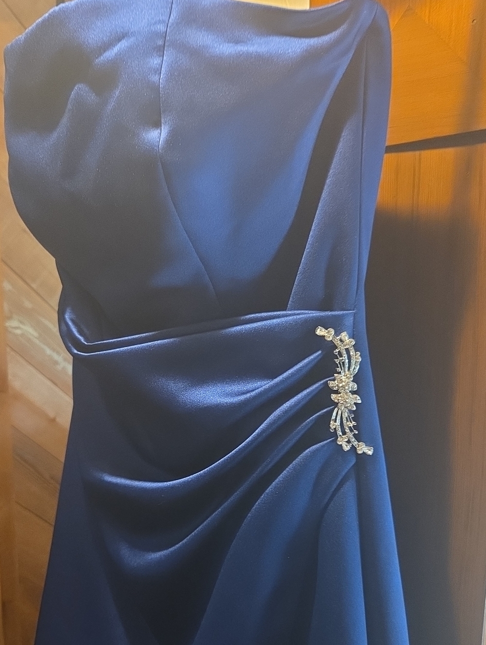 David's Bridal Navy One-Shoulder Evening Gown with Rhinestone Brooch